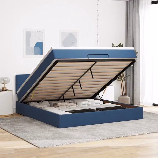 Letto con contenitore a sollevamento vidaXL in tessuto blu e bianco L 180 cm x P 200 cm x H 280 cm – 1