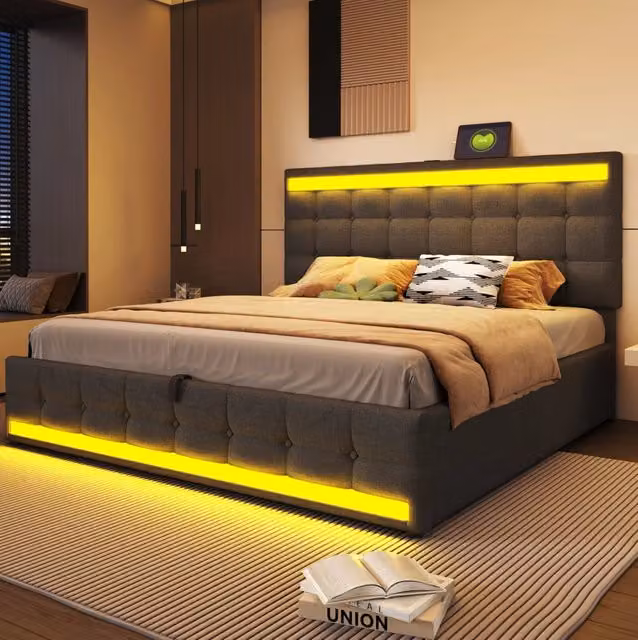 Letto imbottito 180x200 cm con LED RGB e USB; stoffa grigio