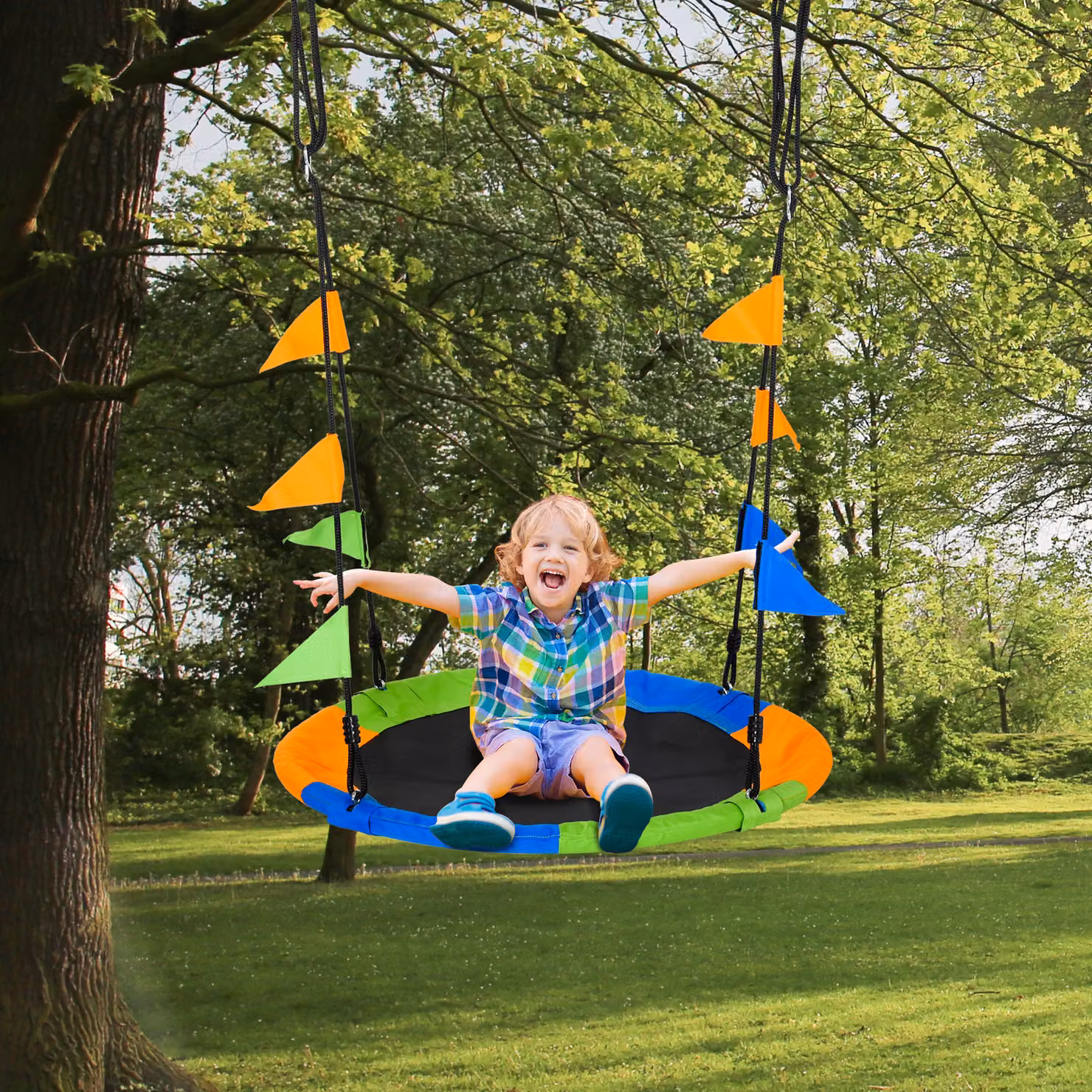 Altalena a nido rotonda Outsunny per bambini dai 3 anni, multicolor, Diametro: 100 cm, Altezza: 120-180 cm, Aosom – 2
