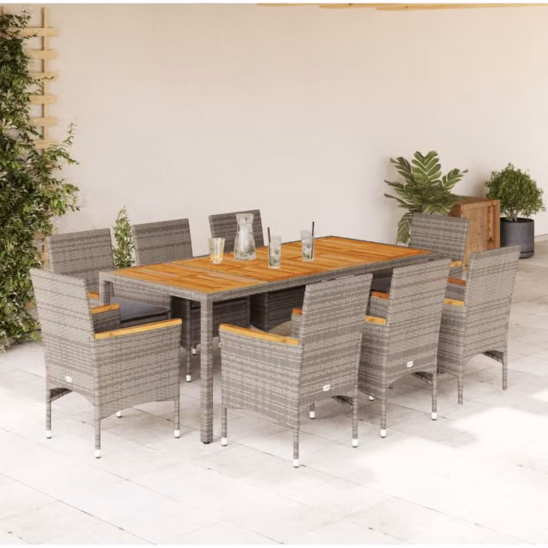 Set da pranzo da giardino vidaXL in legno di acacia oliato e polyrattan con 9 pezzi e cuscini, colore grigio