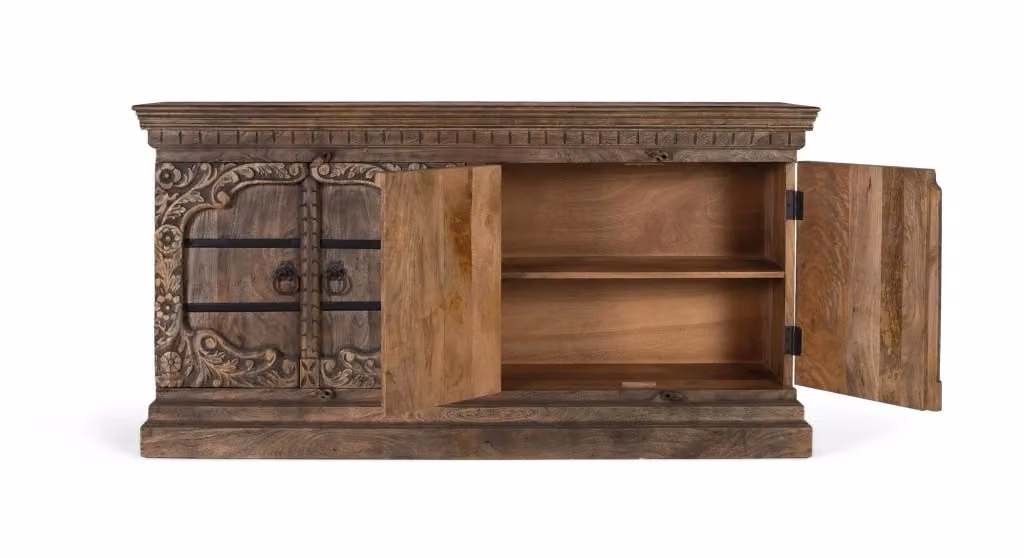 Credenza in legno di mango marrone con dettagli floreali e struttura in metallo in stile rustico – 2
