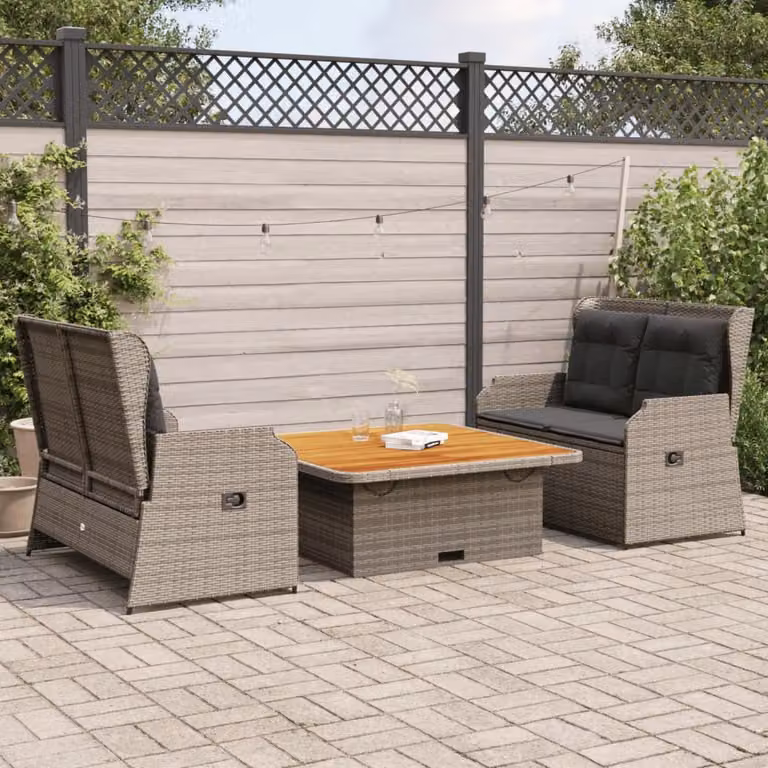 Set Divani da Giardino vidaXL 3 Pezzi con Cuscini e Tavolino in Polyrattan e Acciaio Grigio e Marrone