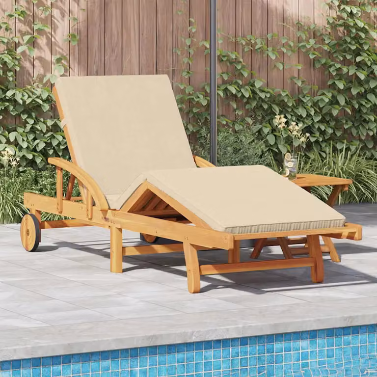 vidaXL Lettino da sole moderno in legno di acacia trattato con materasso beige L: 200 cm, P: 60 cm, H: 84 cm