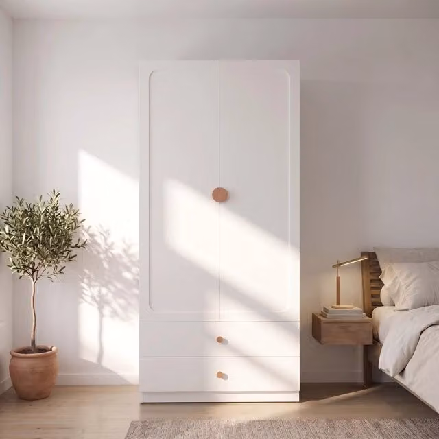 Armadio 200 x 90 x 45 cm; maniglie delle ante in legno massello; 1 asta appendiabiti; 2 cassetti; spazio contenitore; design moderno; bianco