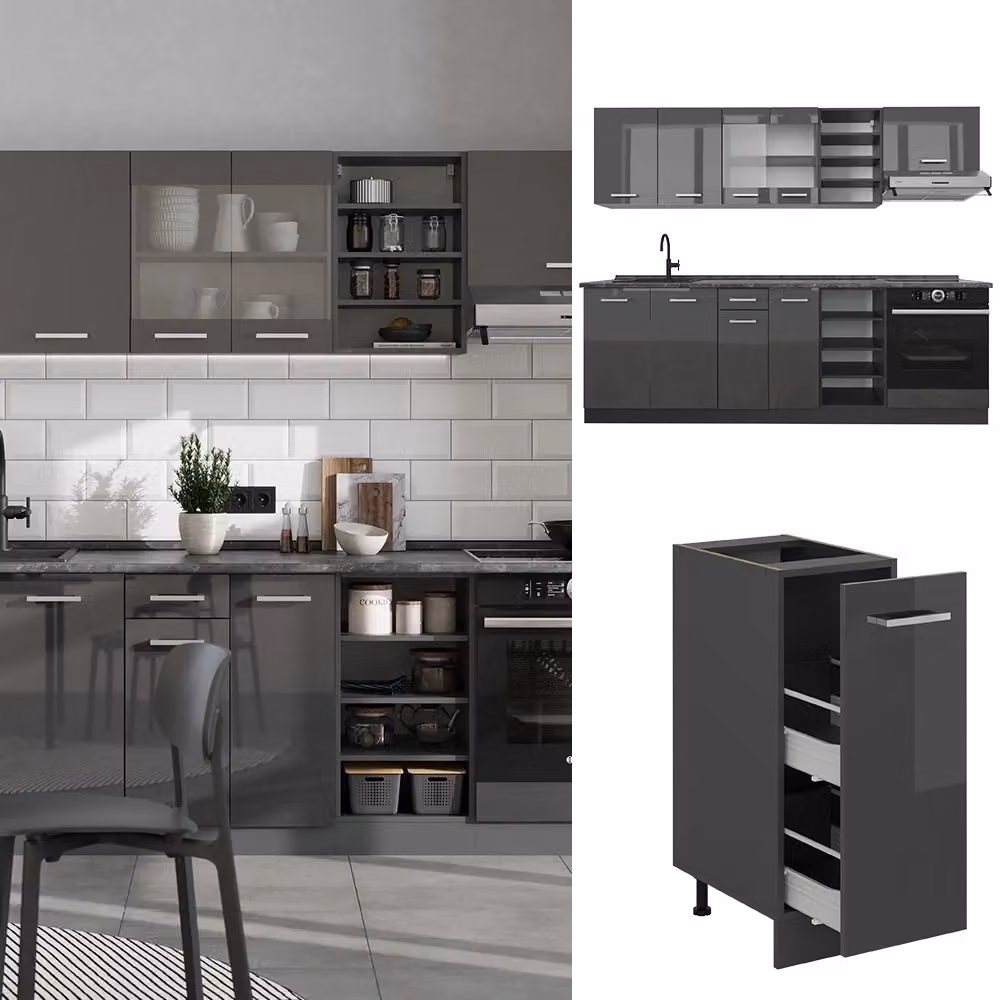 Cucina componibile moderna R-Line Vicco colore Antracite lucido e Rovere, L: 240 cm – 2