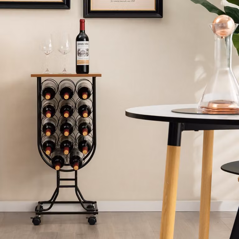 Costway Mobile porta vino in metallo nero con ruote staccabili e bloccabili in stile industriale