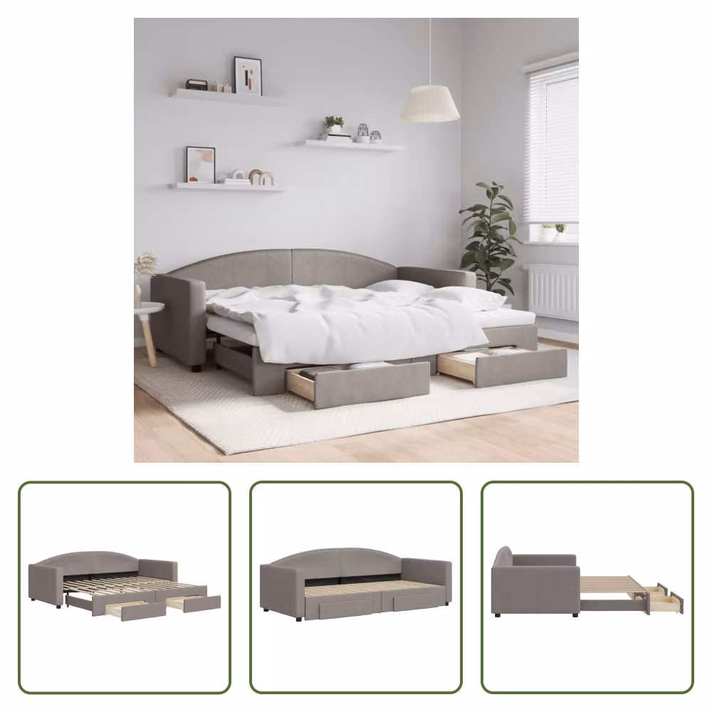 The Living Store Letto allungabile con cassetti Taupe 90x200 cm tessuto