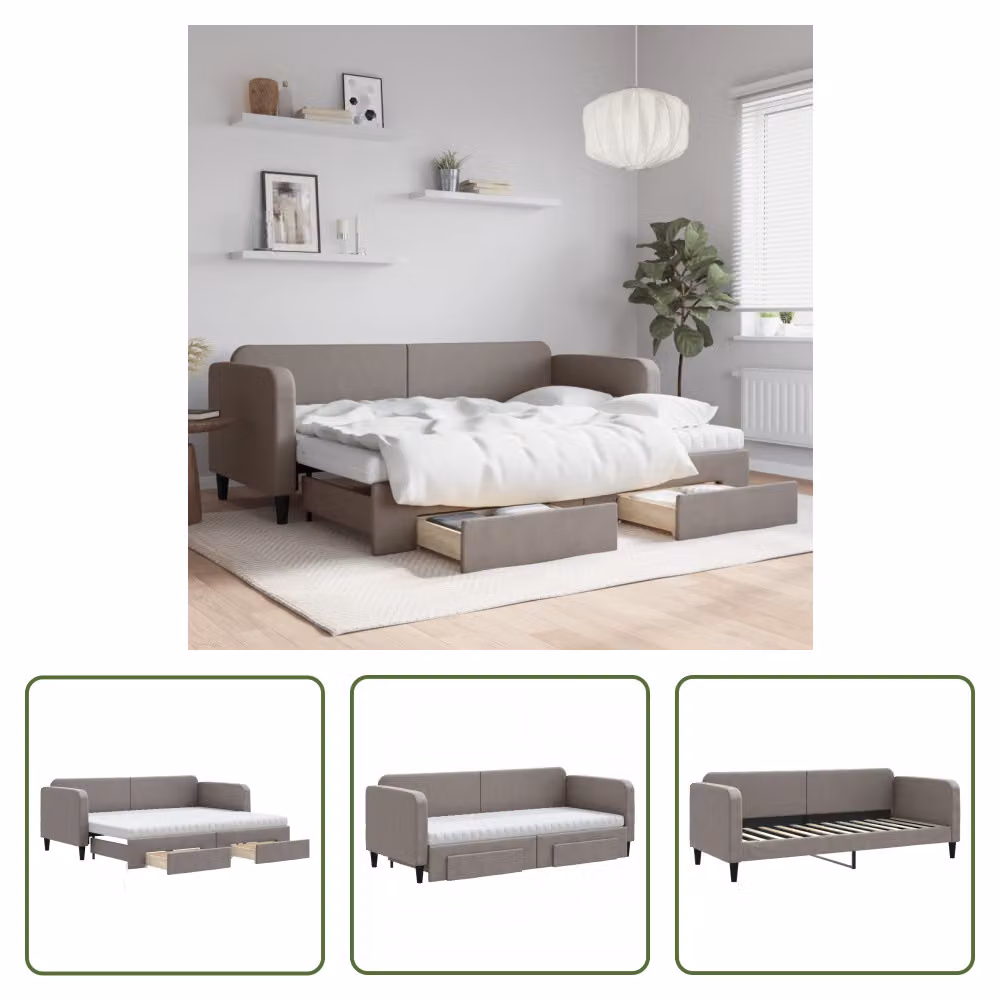The Living Store Letto allungabile con cassetti Taupe 80x200 cm tessuto