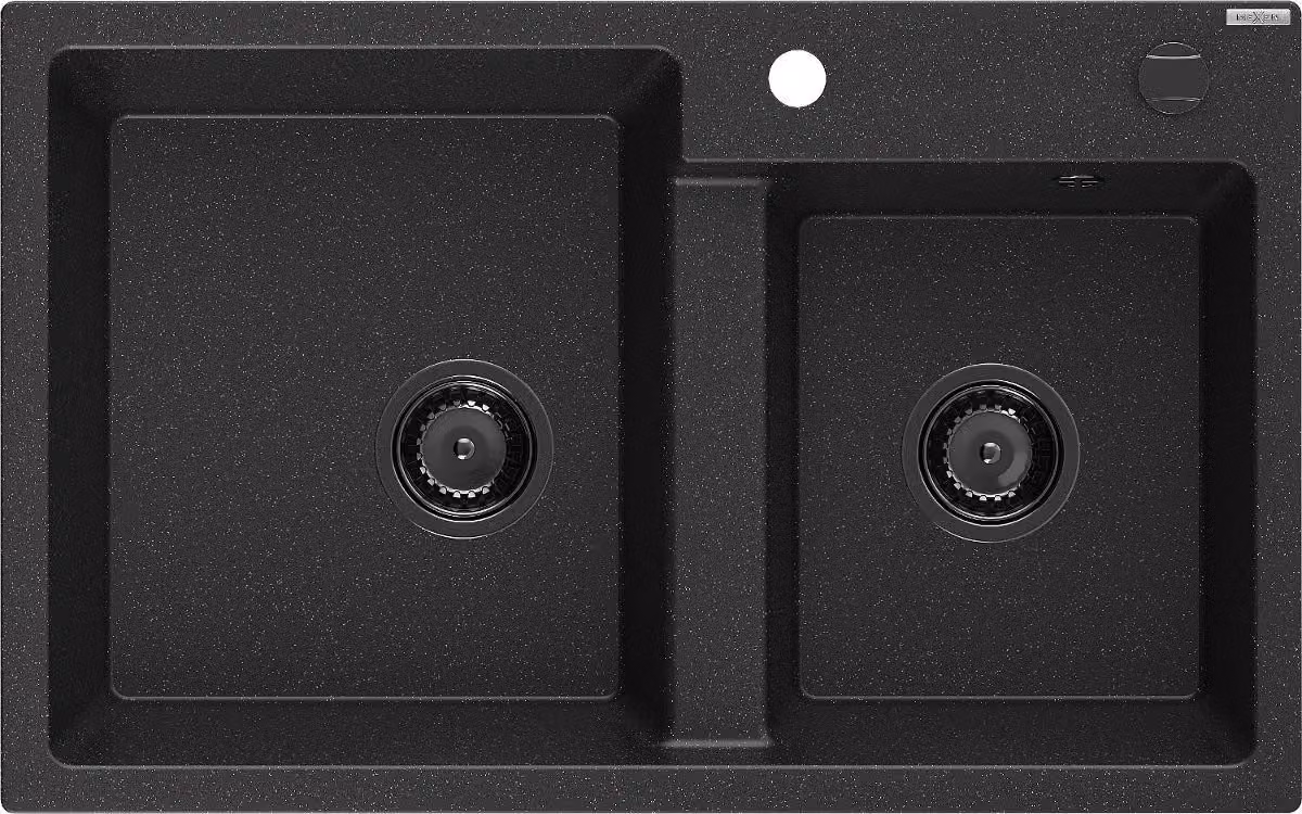 Mexen Tomas lavello da cucina in granito a 2 vasche 800 x 500 mm, nero/argento metallizzato, sifone nero - 6516802000-73-B