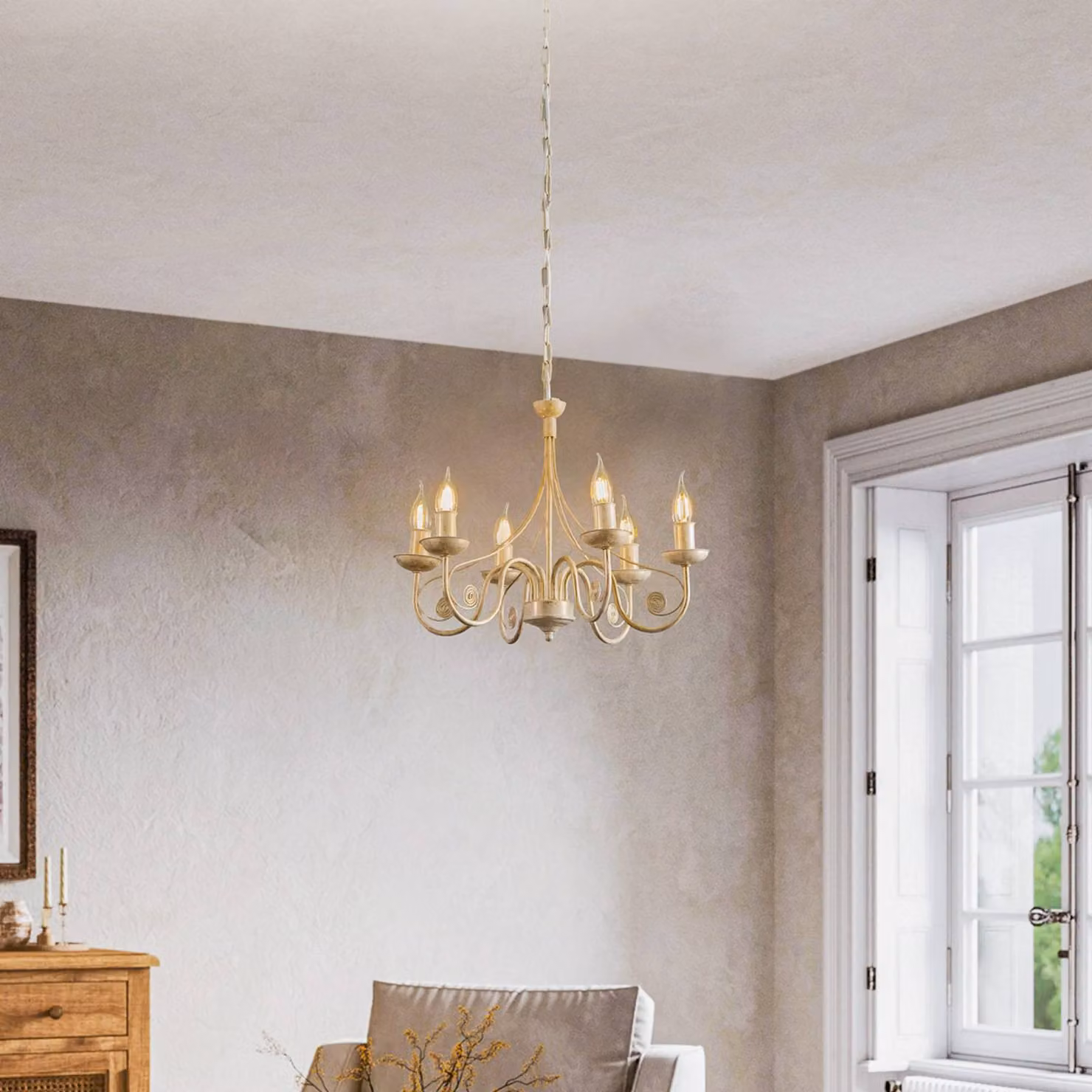 Lampadario a soffitto Ayleen Lamkur, dimmerabile, Bianco / Opale, Soggiorno / Sala da pranzo, Metallo, Antico, Lampadario
