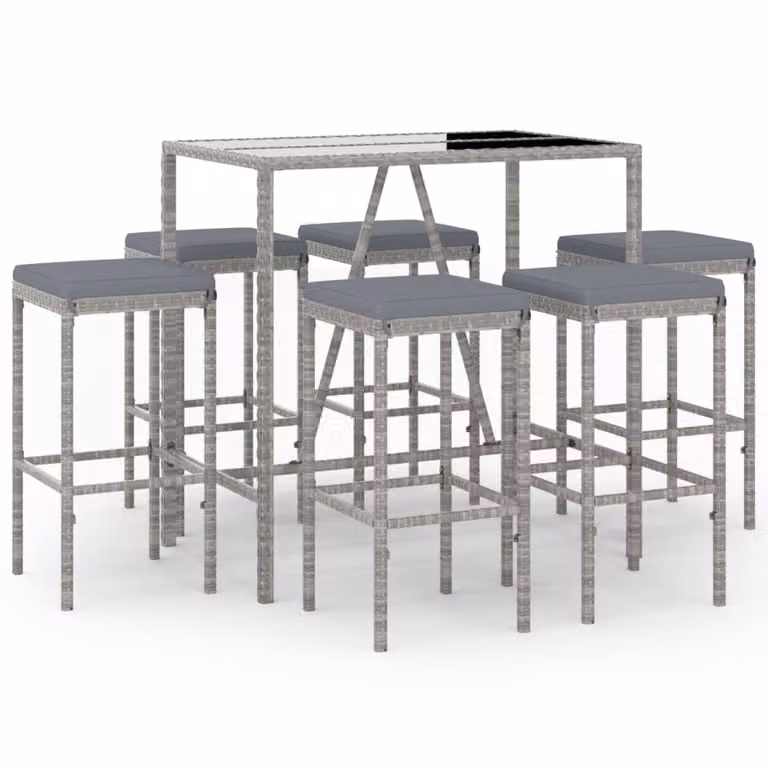 Set Bar da Giardino 7 pz con Cuscini in Polyrattan Grigio