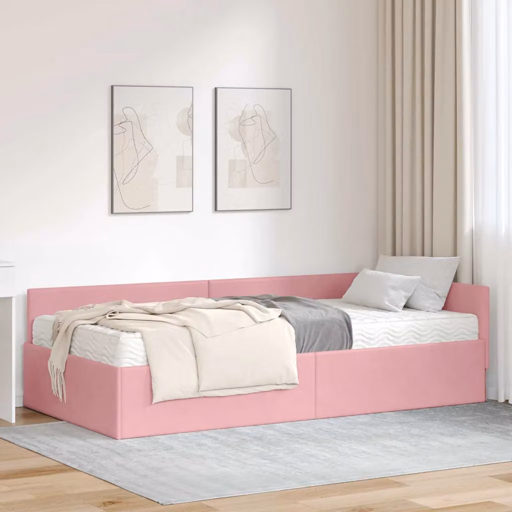 vidaXL Struttura Letto Angolare con 2 Materassi in Velluto Rosa, L/P/H: 90 x 200 x 57 cm