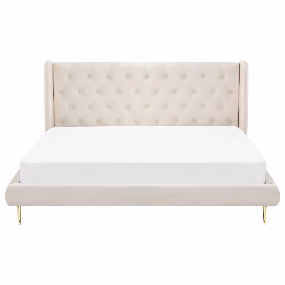 Letto matrimoniale Beliani in velluto beige con struttura imbottita L: 180 cm, P: 200 cm, H: 106 cm – 2