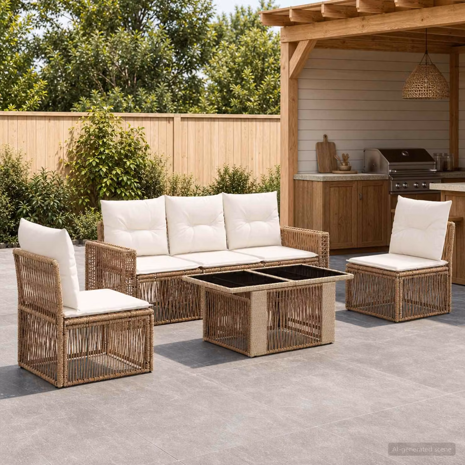 Set Divano da Giardino vidaXL 6 Pezzi in Polyrattan Beige e Bianco Crema con Cuscini e Tavolino da Esterno