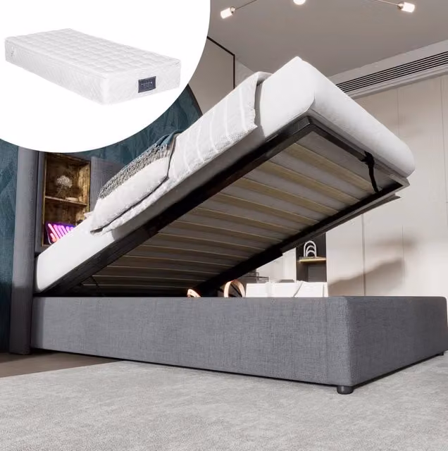 Letto imbottito ULEVR 90x200 cm con contenitore a gas, ricarica wireless, 2 USB e Type-C, grigio