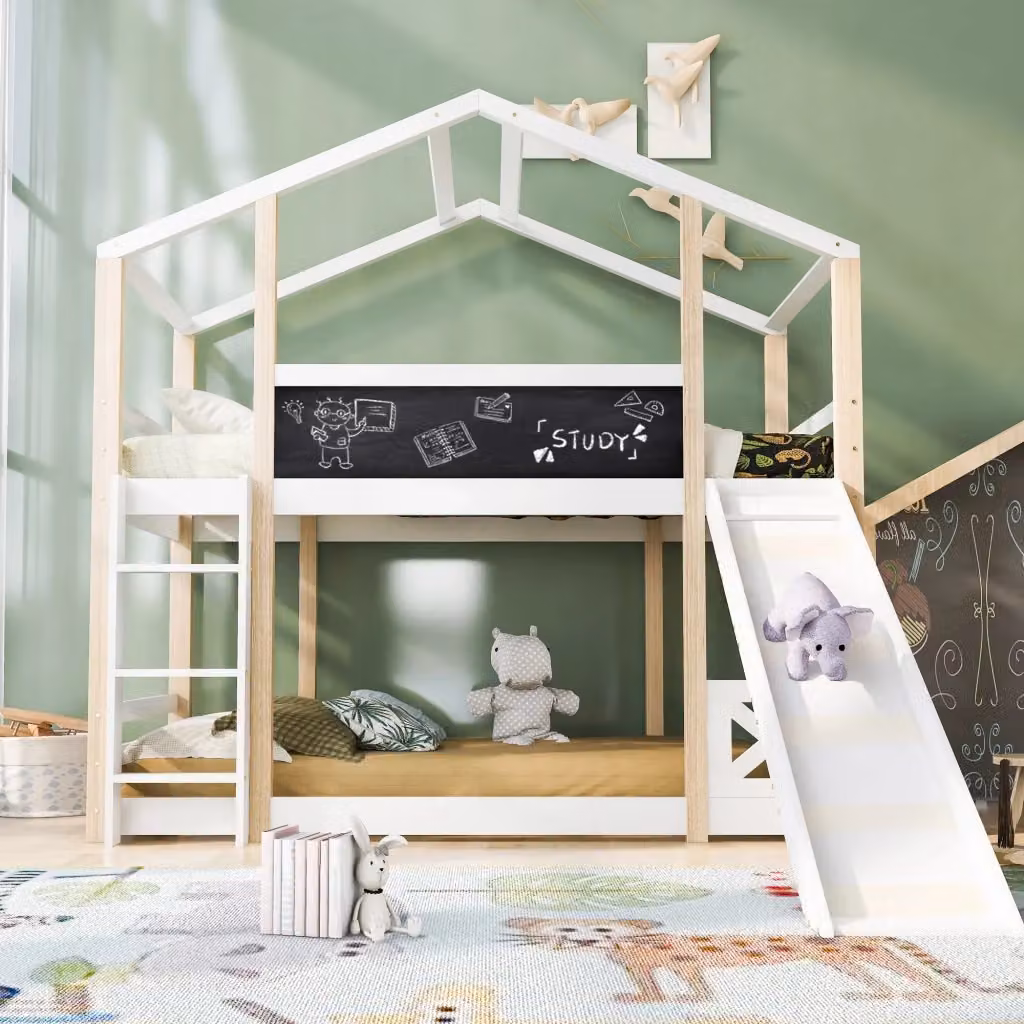 Letto a soppalco singolo per bambini con scivolo e scala in legno bianco L 200 cm x P 90 cm x H 207 cm – 2