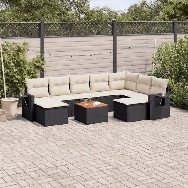Set Divani da Giardino 10pz con Cuscini in Polyrattan Nero 3224845