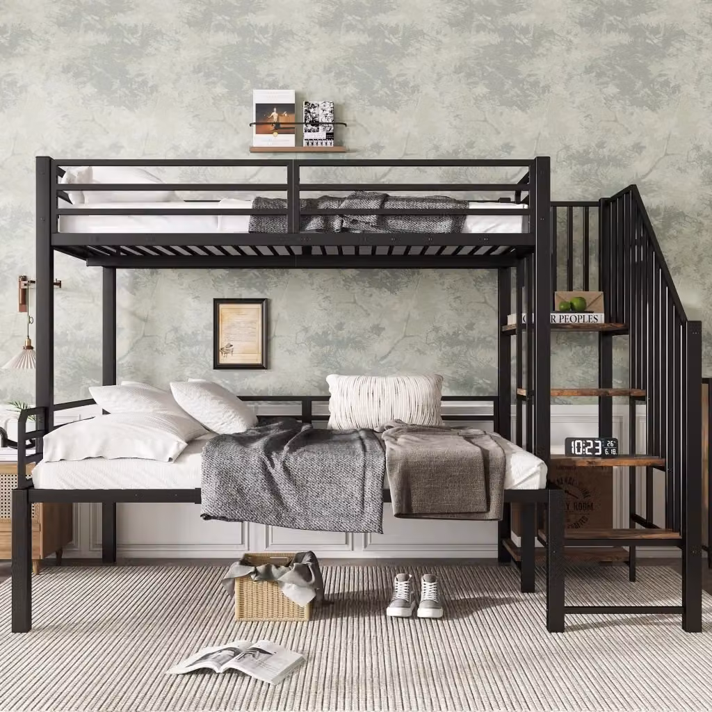 Letto a castello in metallo e MDF con scala a 4 gradini e vano contenitore, nero, dimensioni: 90 x 200 cm e 120 x 200 cm – 2