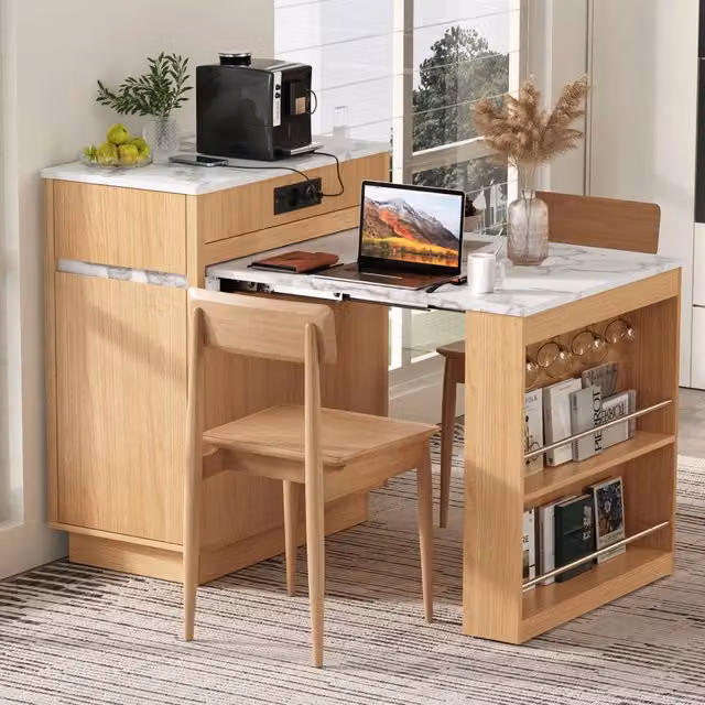 Tavolo allungabile con LED; ricarica USB e Type-C; ganci e cassetti in MDF naturale effetto marmo