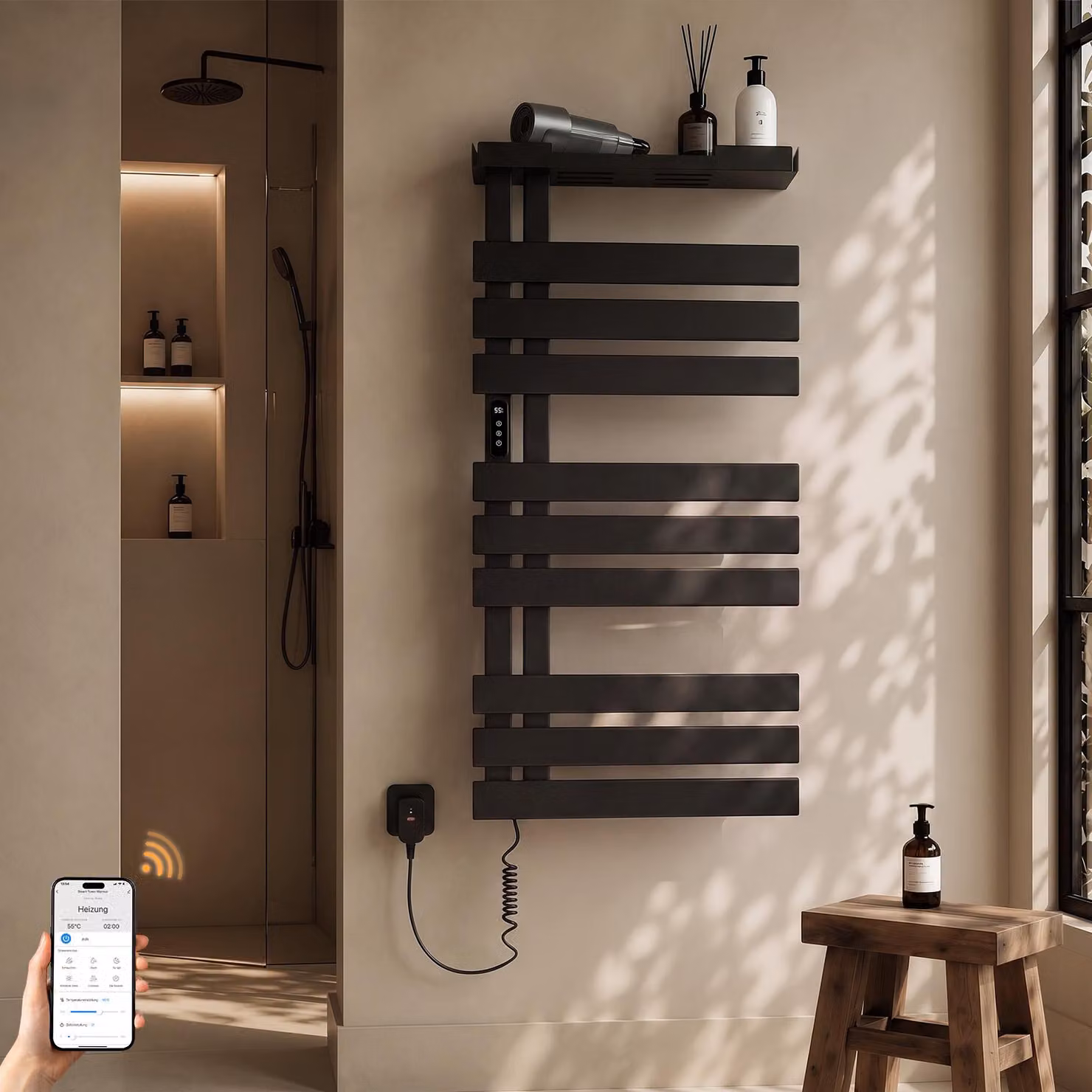 S'AFIELINA Scaldasalviette Elettrico con Ripiano 1050×500 mm 335 W Nero,Termoarredo WiFi, Riscaldamento in Fibra di Carbonio, 6 Modalità