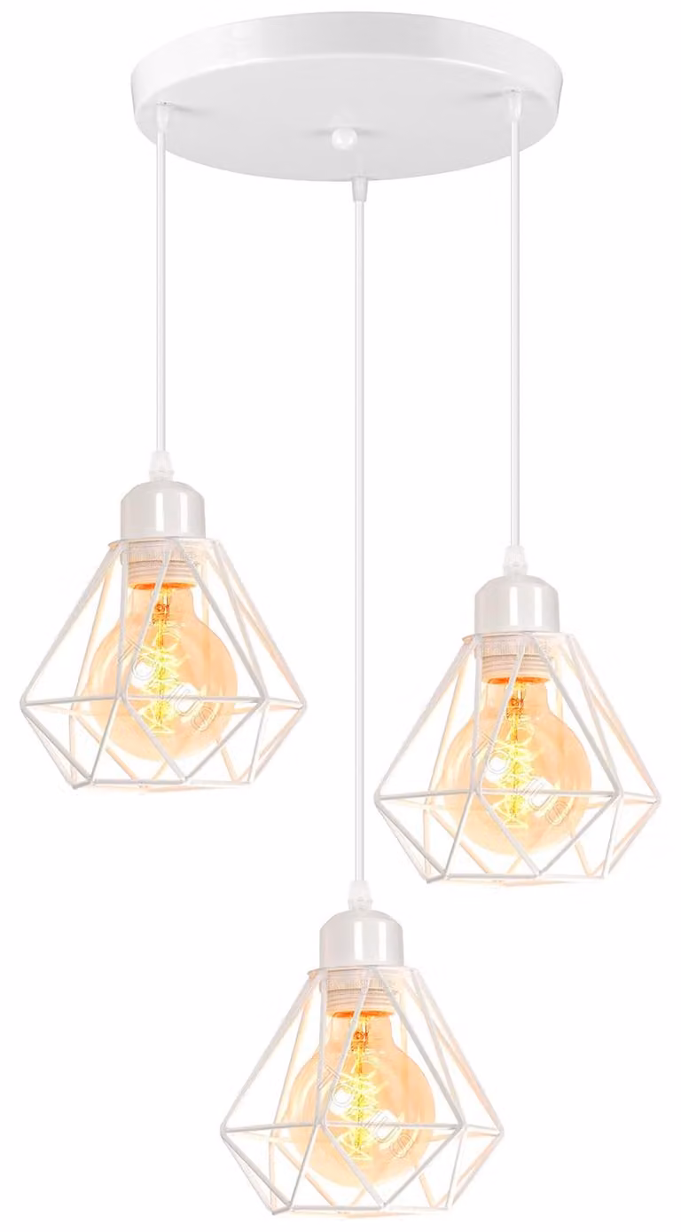 Lampada a sospensione retrò con tre luci, struttura in ferro, attacco E27, 16 cm di diametro, colore bianco
