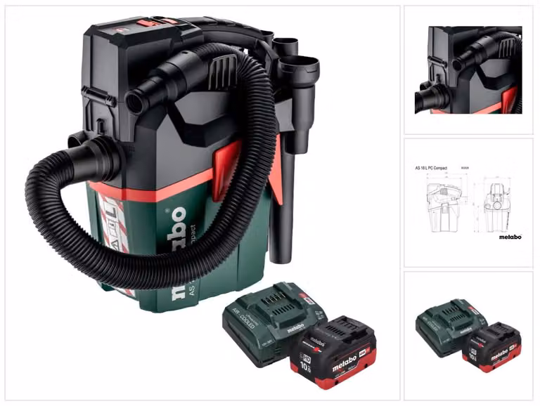 Metabo AS 18 L PC Aspirapolvere compatto a batteria 18 V 6 l IPX4 classe di polvere L wet and dry + 1x batteria ricaricabile 10,0 Ah + caricabatterie