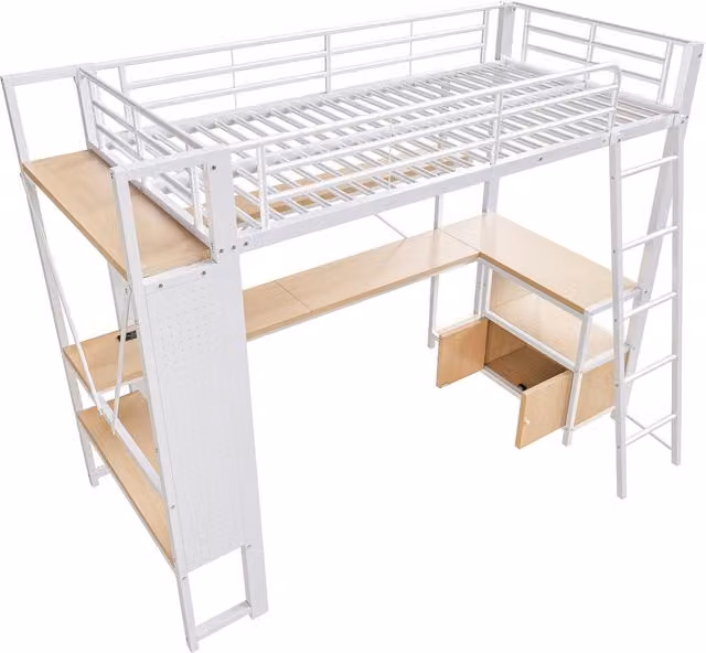 Letto a soppalco 90x200 cm con struttura in ferro, scrivania, LED integrati, ripiani e USB, bianco, senza materasso