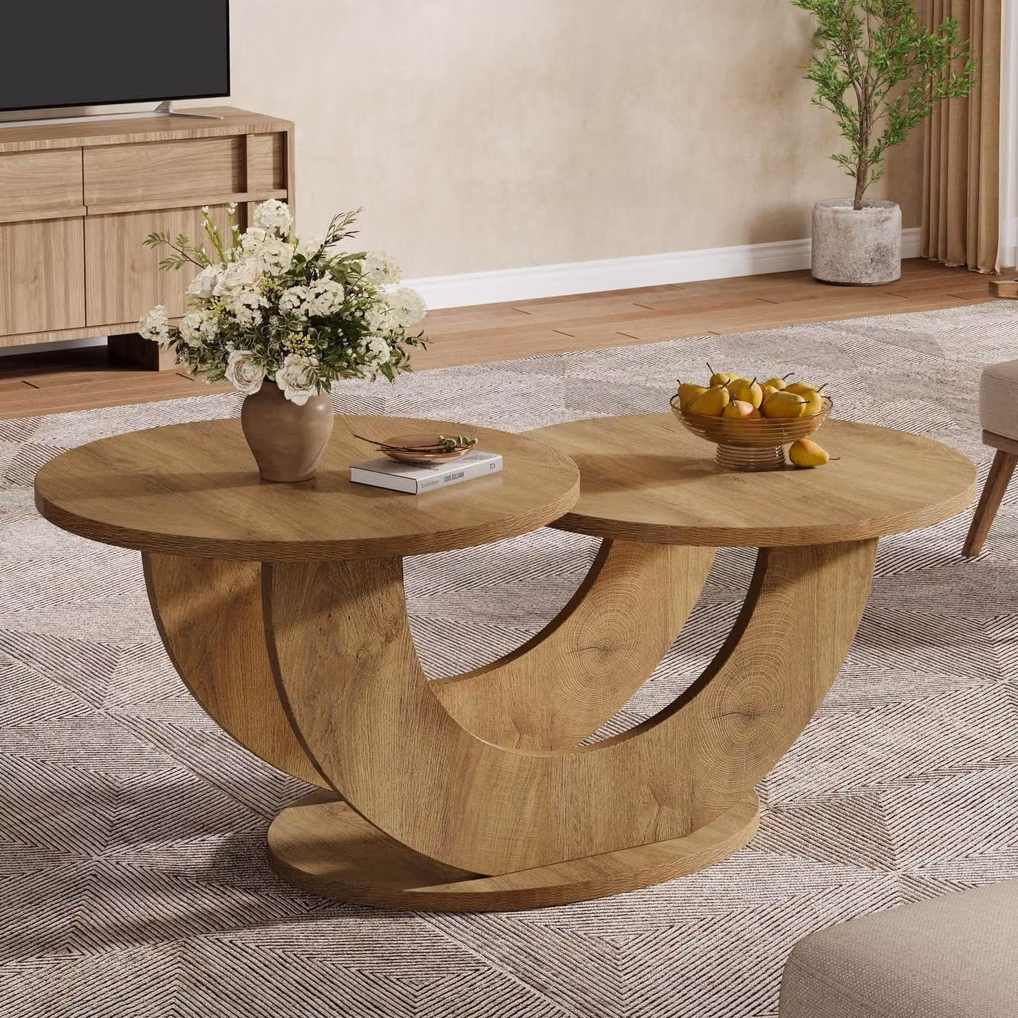 Tavolino rotondo in stile rustico, con due ripiani, realizzato in MDF, ideale per il soggiorno