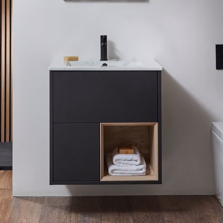 Mobile Bagno Sospeso con Ripiano Aperto in Grigio Nero da 612mm con Lavabo Effetto Marmo