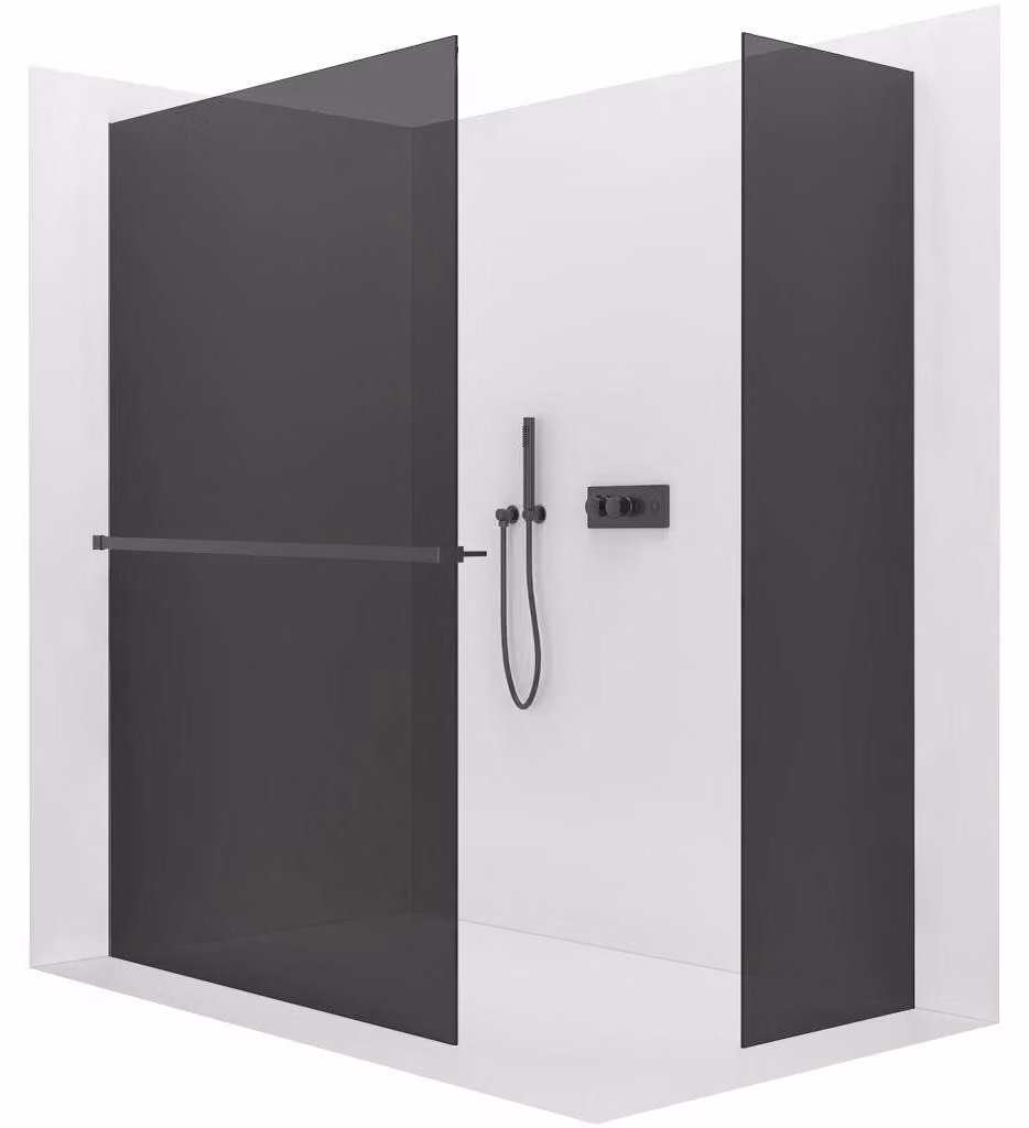 CERANO - Box doccia Walk-in Crystal T L/P - 8 mm - sistema senza montanti + ripiano/portasciugamani - nero opaco, vetro grafite - 120x50x200 cm
