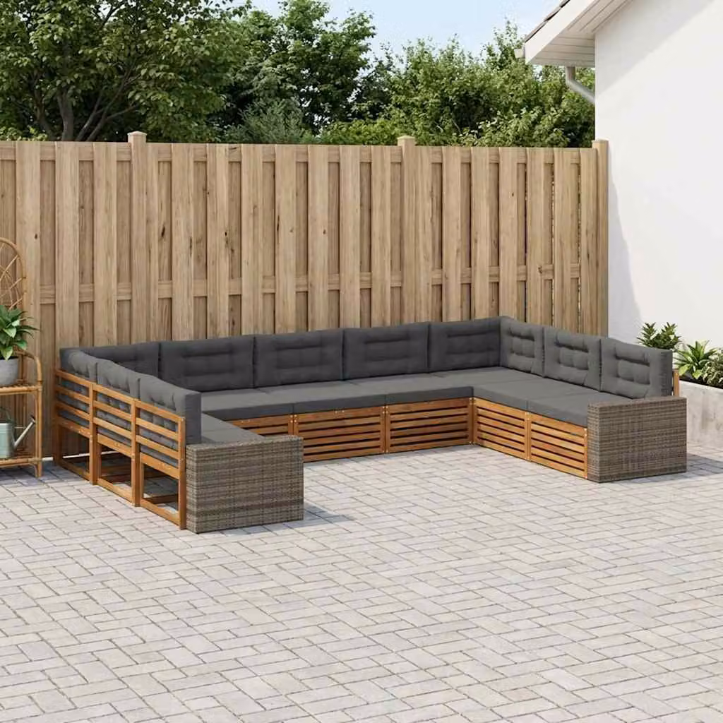 Set di divani da esterno vidaXL 9 pz in legno di acacia con cuscini, design moderno a L, colori beige e antracite