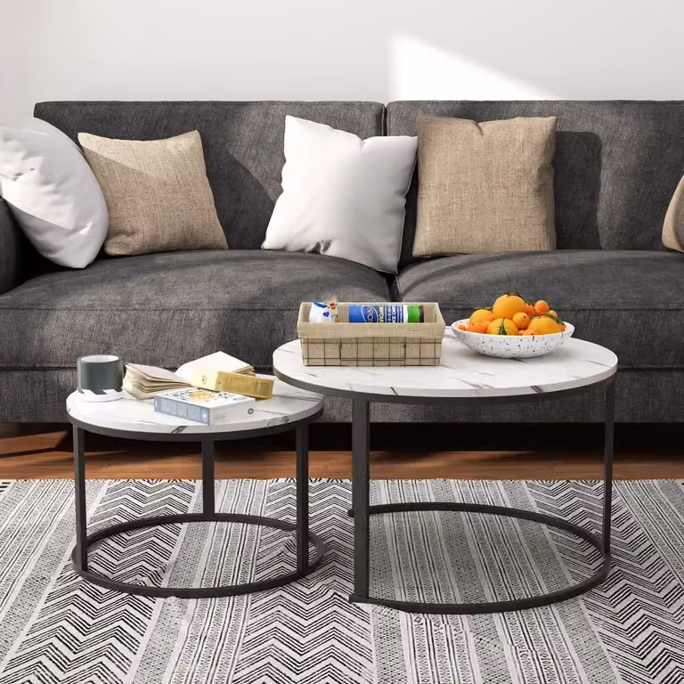 Set di tavolini da divano, forma rotonda, 2 pezzi, MDF, colore nero, dimensioni 80x45,5 cm e 60x38 cm