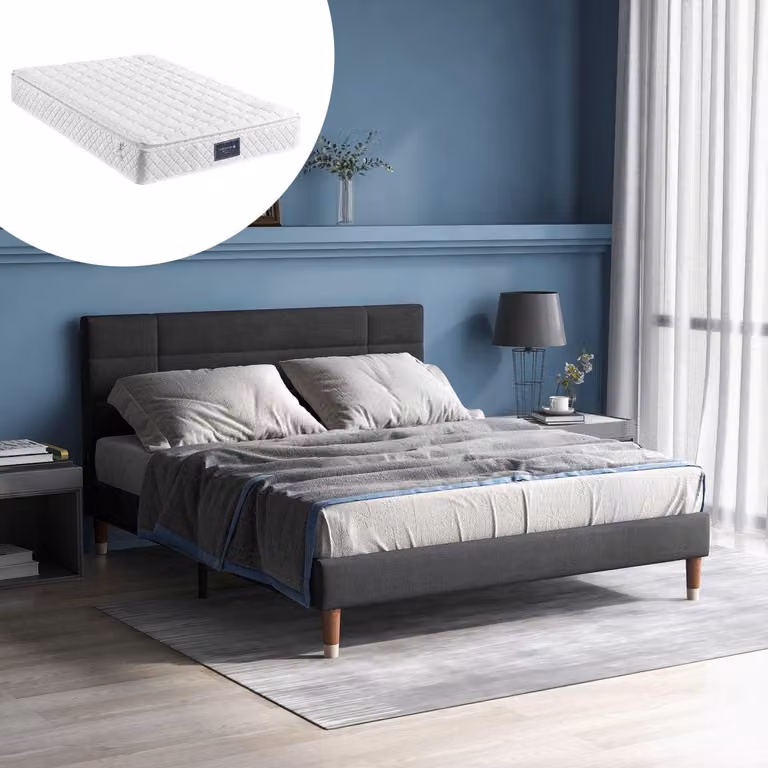 Letto imbottito 140x200 cm con materasso e rete a doghe, grigio telaio letto in lino con testiera, materasso a molle insacchettate a 7 zone H3, spazio contenitore