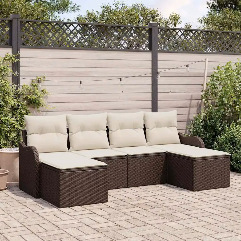 Set Divano da Giardino vidaXL 6 pz in Polyrattan con Ottoman e Cuscini, Marrone e Bianco – 1