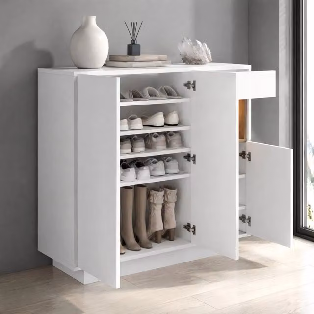 Scarpiera con cassetto; LED 16 colori; ripiani regolabili; bianco e naturale