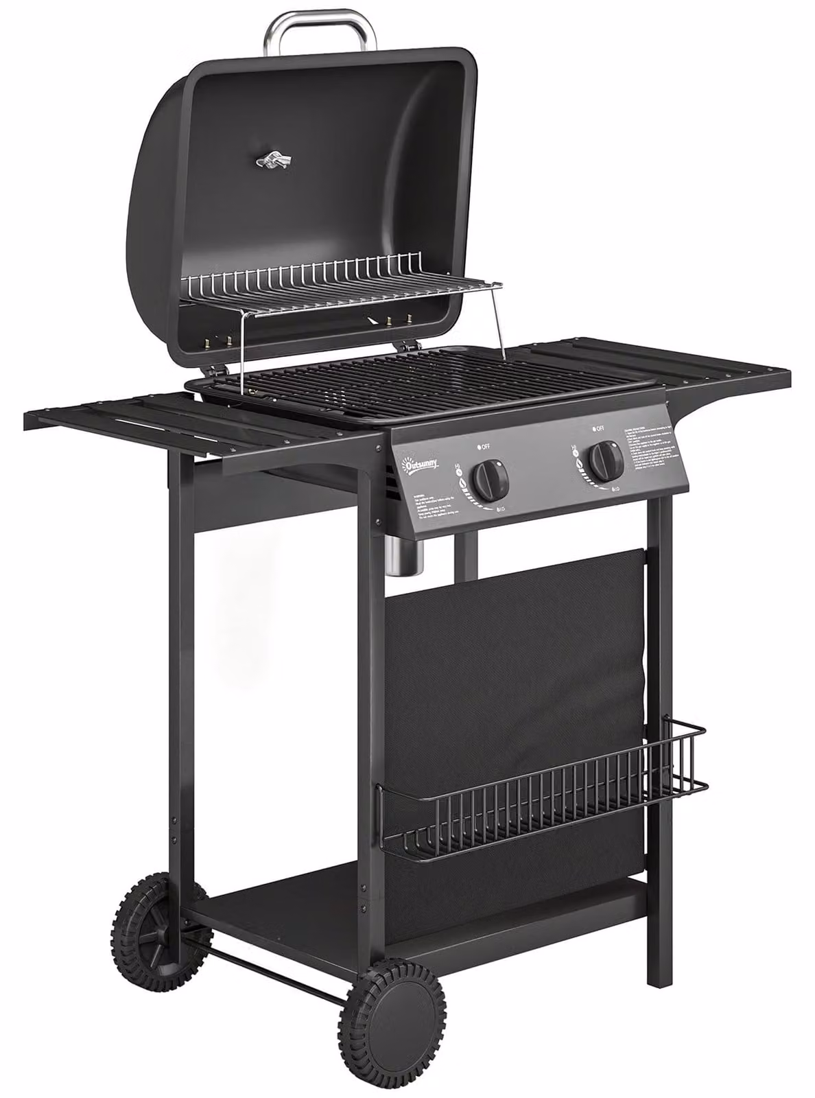 Griglia a gas con 2 bruciatori, potenza 5 kW, completa di carrello | Colore: nero | Dimensioni: 99x56x95 cm