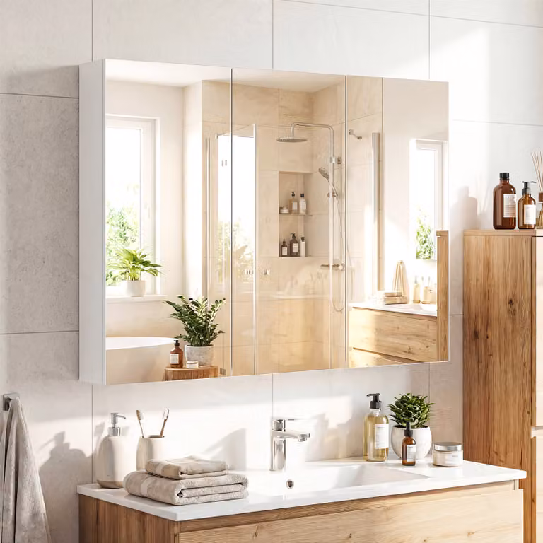 Armadietto da bagno incasso Costway con 3 ante specchiate e 6 scomparti in legno effetto marrone e bianco, Altezza: 87 cm