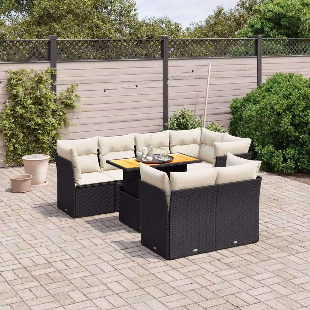 Set di divani da giardino vidaXL a forma di L con cuscini e tavolino, 8 pezzi in rattan e metallo nero con struttura in legno di acacia – 1