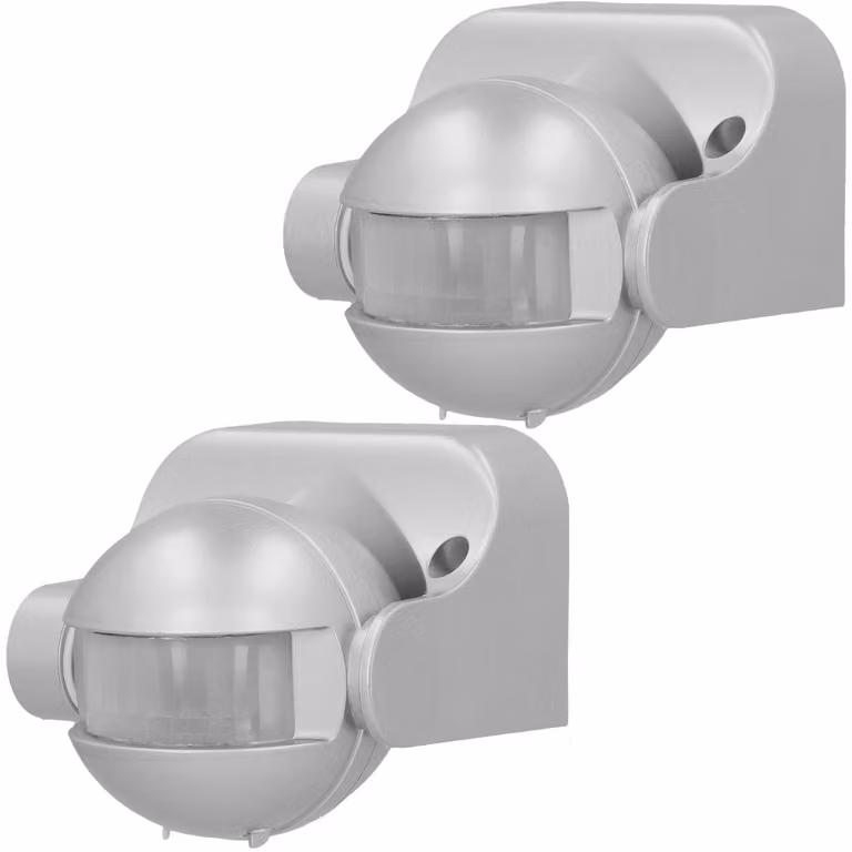 2 sensori di movimento a infrarossi, inclinabili, grado di protezione IP44, campo visivo di 180 gradi, colore argento