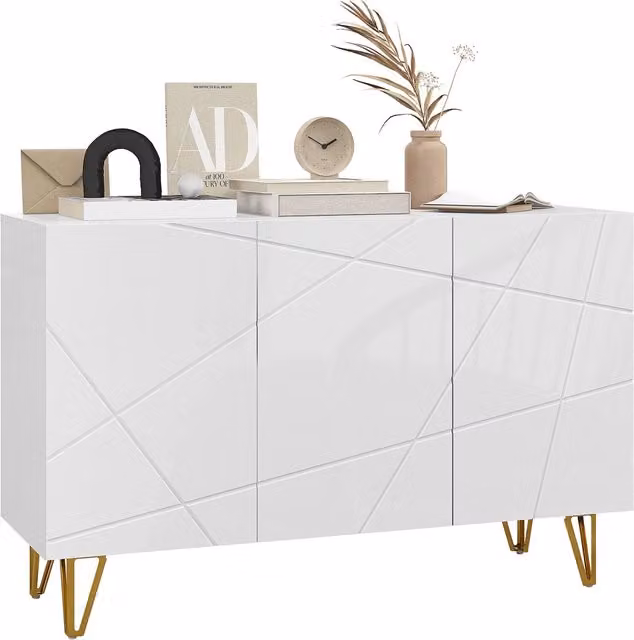 Mobile Contenitore con 2 Armadietti e Ripiano Regolabile, in Truciolato e Metallo, 120x40x75 cm, Bianco e Oro