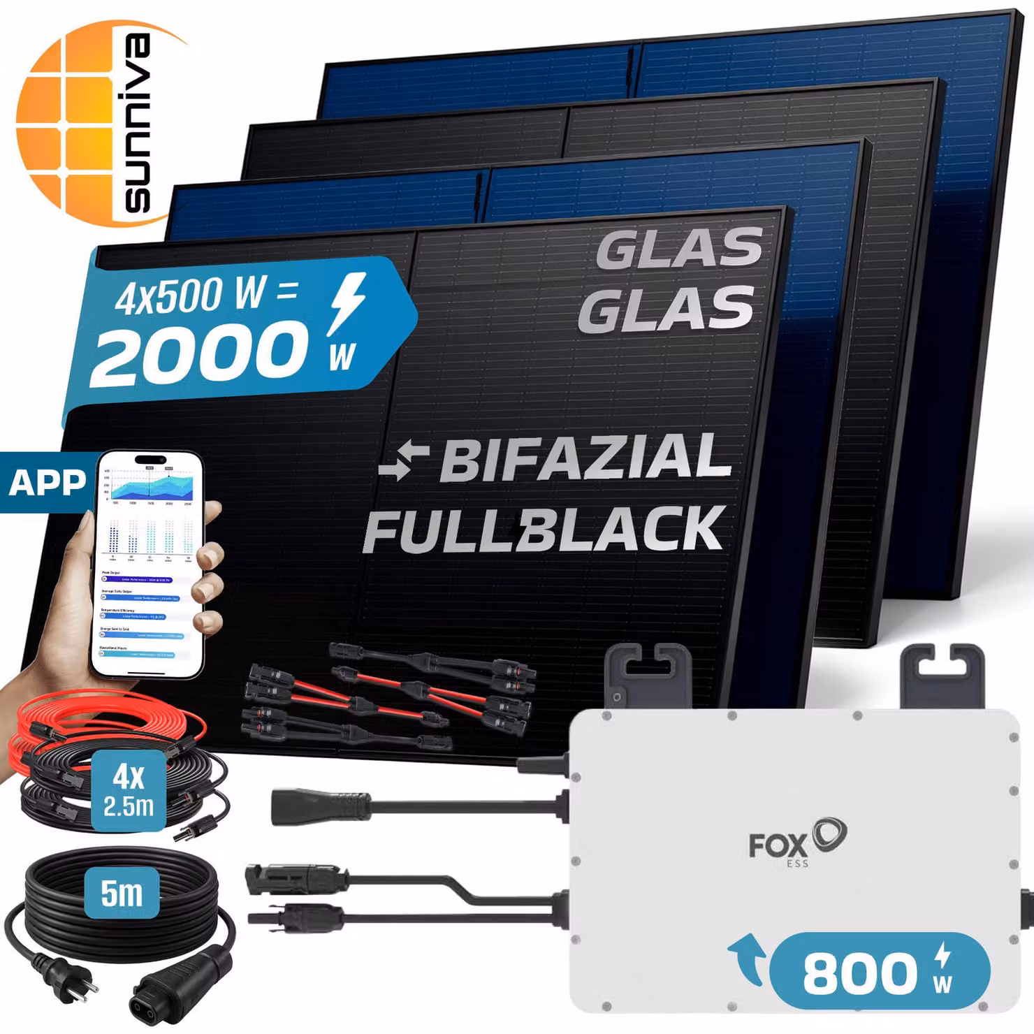 SUNNIVA® 2000W centrale elettrica da balcone BIFAZIAL FULLBLACK presa completa FOX ESS 800W inverter, impianto solare FV, cavo 5m, Bluetooth WIFI