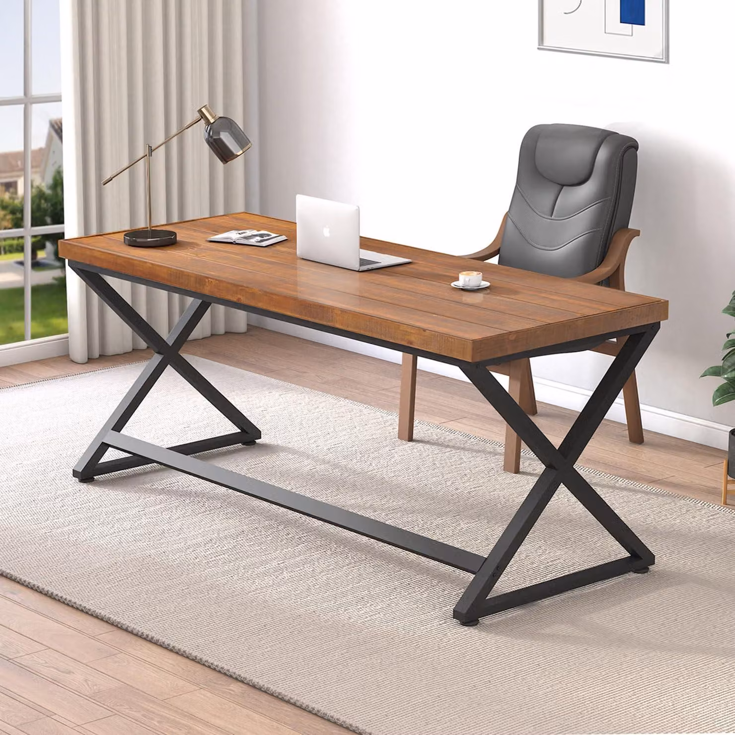 Scrivania in legno massello, 152 cm - Design industriale, gambe a X - 152 x 60 x 77 cm