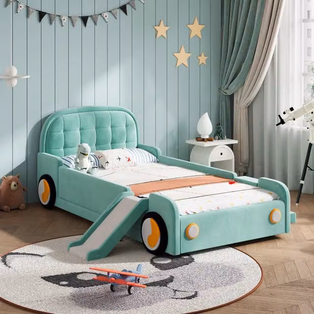 Letto a forma di macchina per bambini 90x200 cm in velluto blu verde con scivolo e scala per cameretta