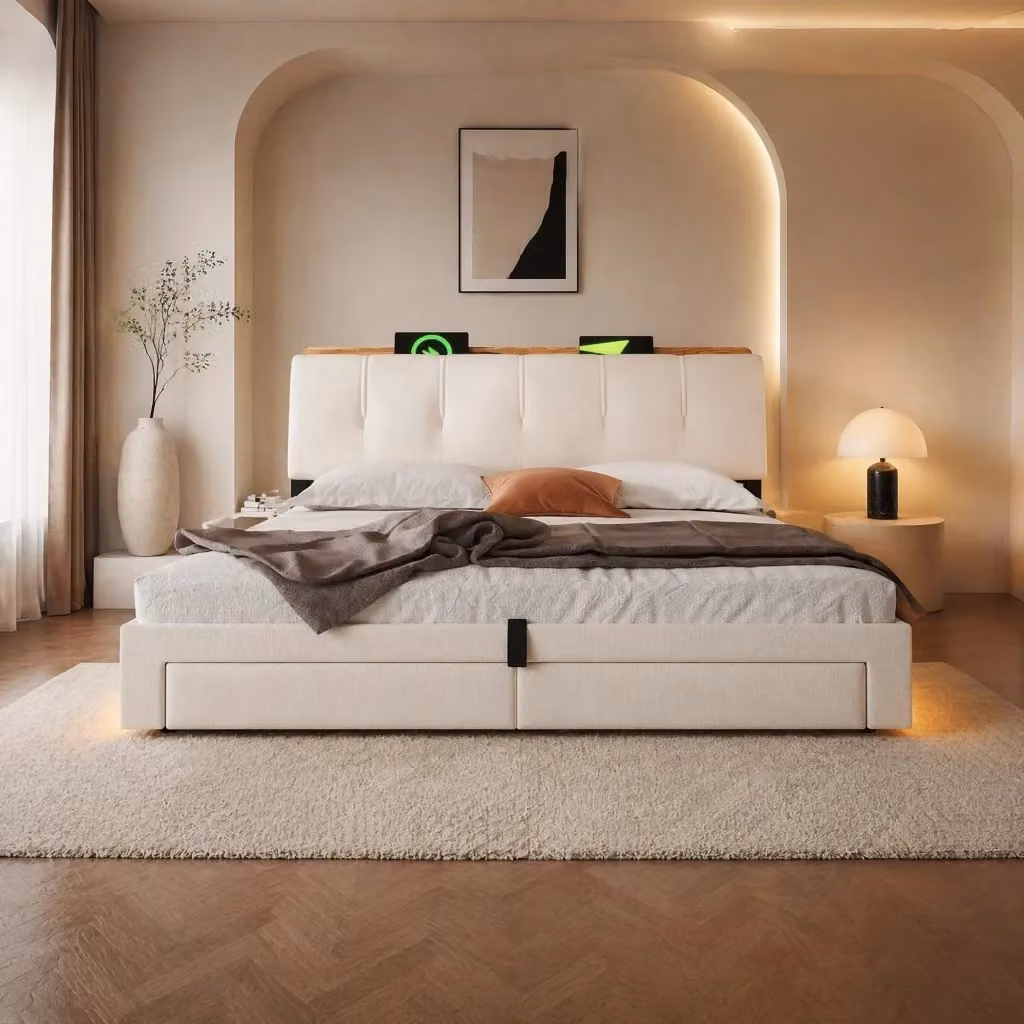 Letto matrimoniale MODFU imbottito in tessuto beige con contenitore, porte USB e illuminazione LED, L/P: 180 x 200 cm – 2