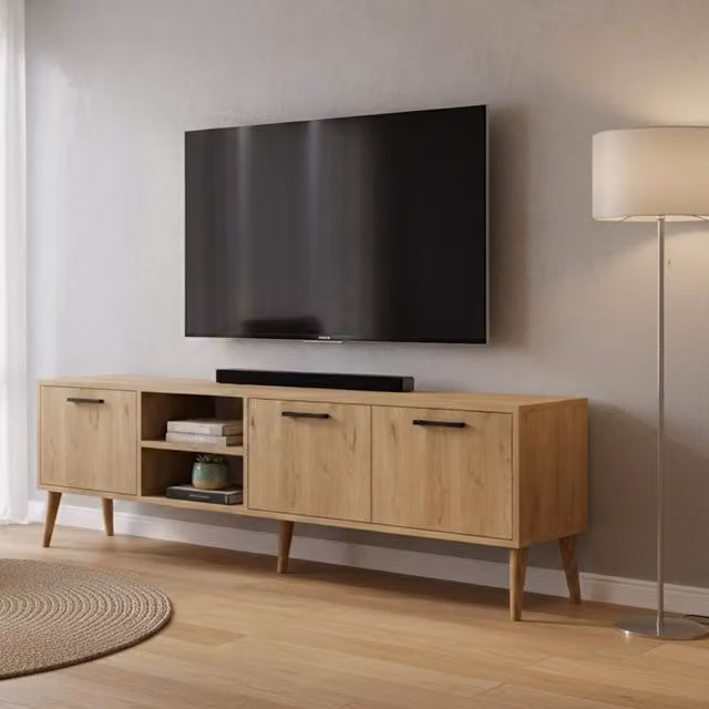 Mobile porta TV Brugine DMORA in legno color quercia marrone con un ripiano, L/P/H: 180 x 35 x 53 cm