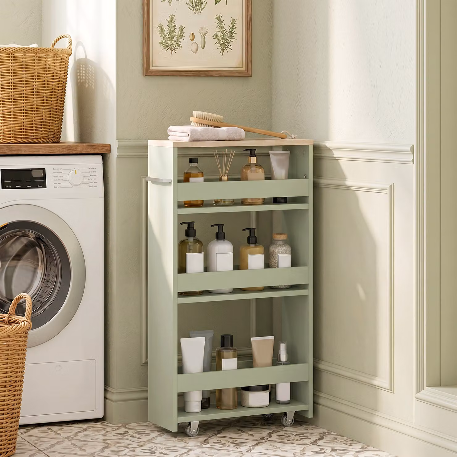 Carrello contenitore a 3 livelli con ruote e maniglia kleankin, verde, L 48 cm x P 15 cm x H 80 cm – 2