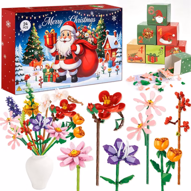 Calendario dell'Avvento 2026 con composizione di fiori artificiali, composto da 24 elementi, ideale per Natale