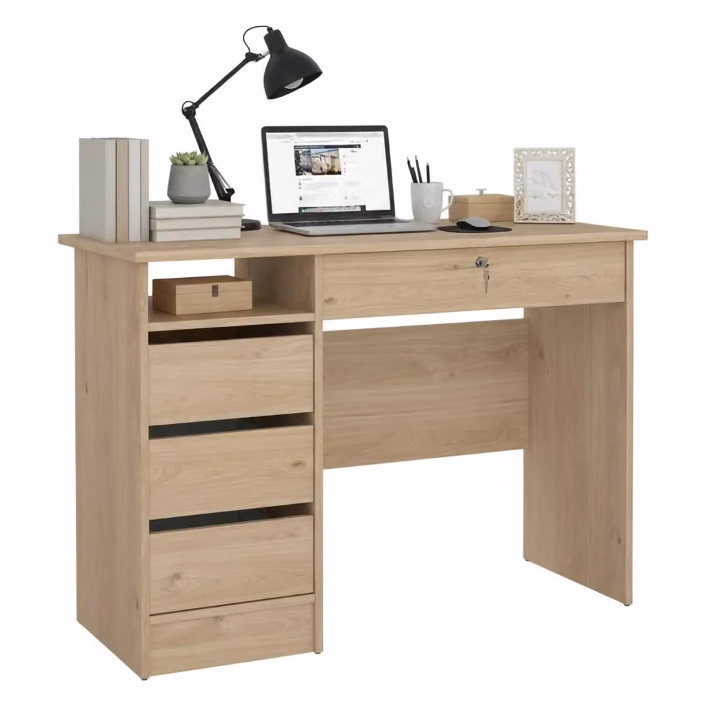 Scrivania Franklin DMORA moderna con cassettiera, tavolo da ufficio in legno e MDF color rovere, L: 109 cm, P: 49 cm, H: 76 cm – 2