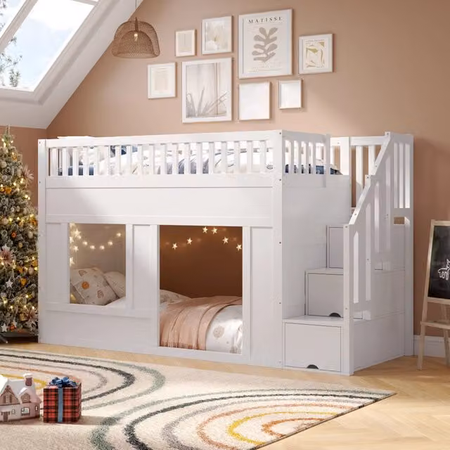 Letto a soppalco singolo MIVRAY in legno bianco con scala contenitore e spazio inferiore trasformabile L/P/H: 200 x 90 x 120 cm