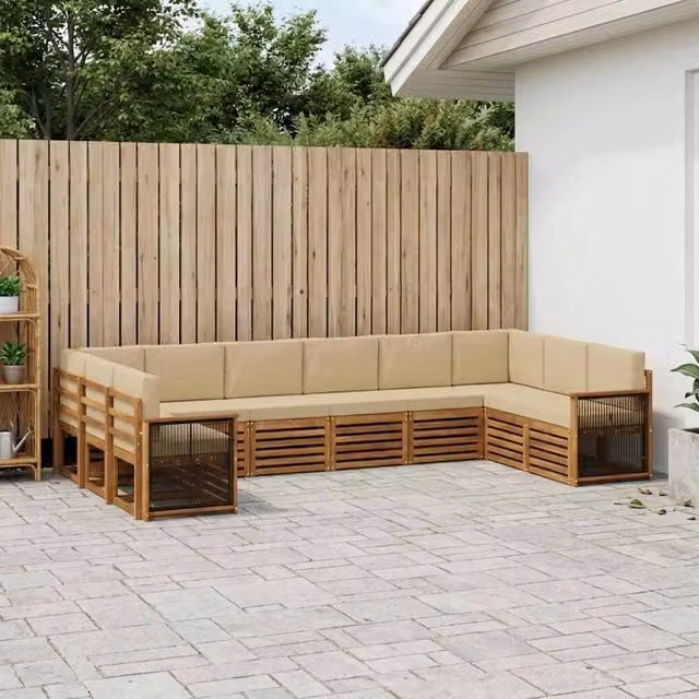 Set di divani da esterno a L con 7 pezzi vidaXL in legno di acacia e tessuto beige – 1